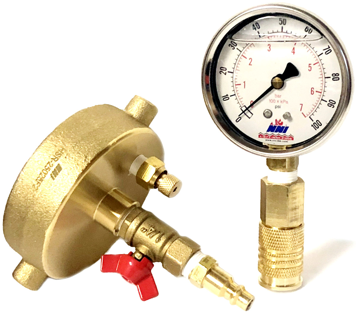 thumbnail image 2 of Hydro-Hitch BCGK-200-C 2-1/2 NST Fire Hydrant Pressure Gauge With 3-Way Bleeder Valve - 200 PSI, USA Made 2 of 5